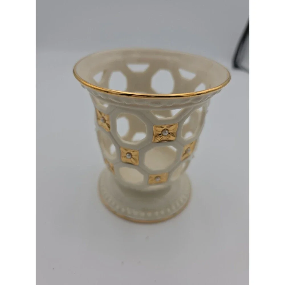 Lenox Ivory Porcelain Pierced Votive Candle Holder Gold Pearl Accents